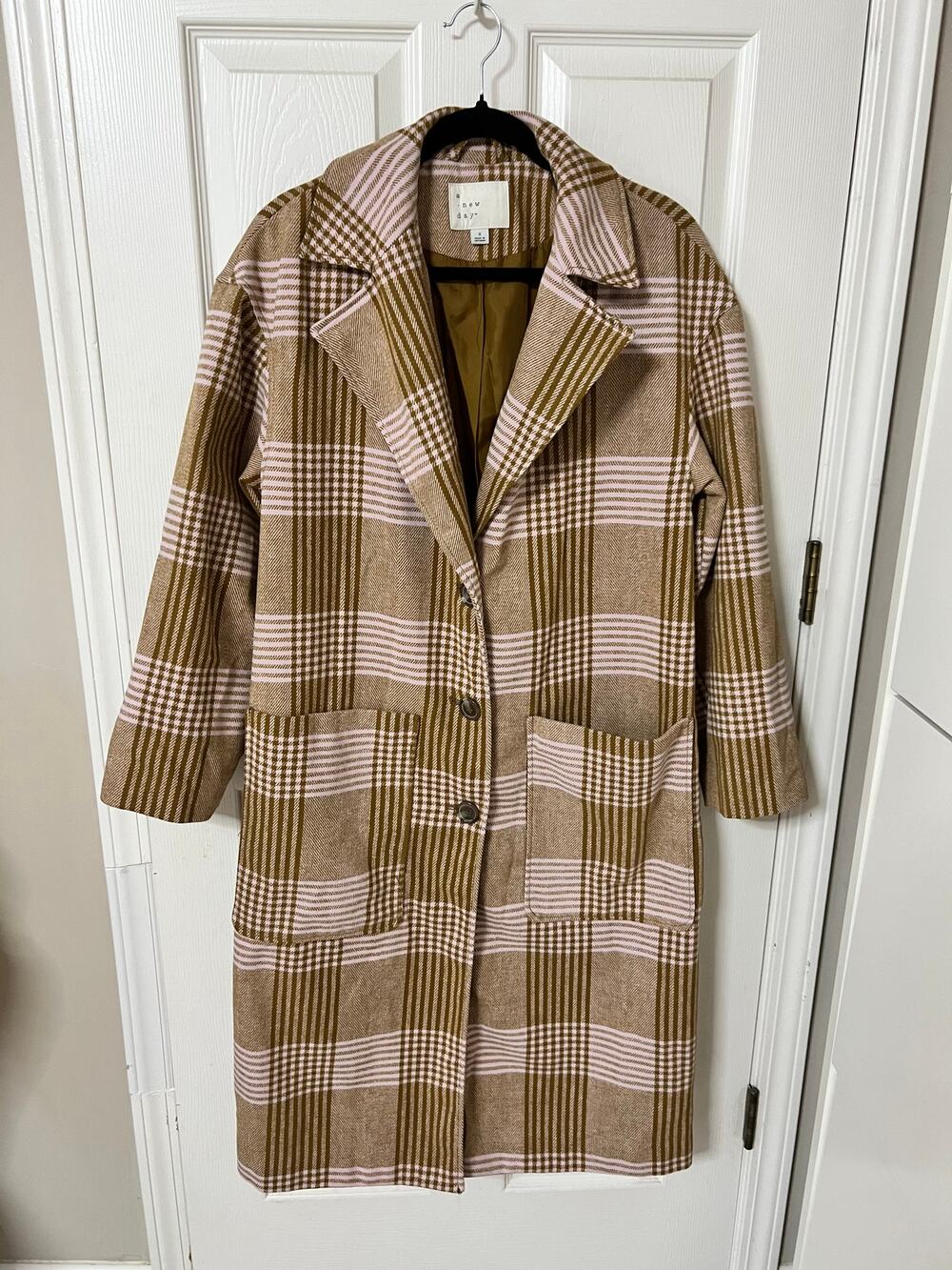 A New Day Women's S Brown Pink Plaid Pocket 3 Button Collared Trench Coat